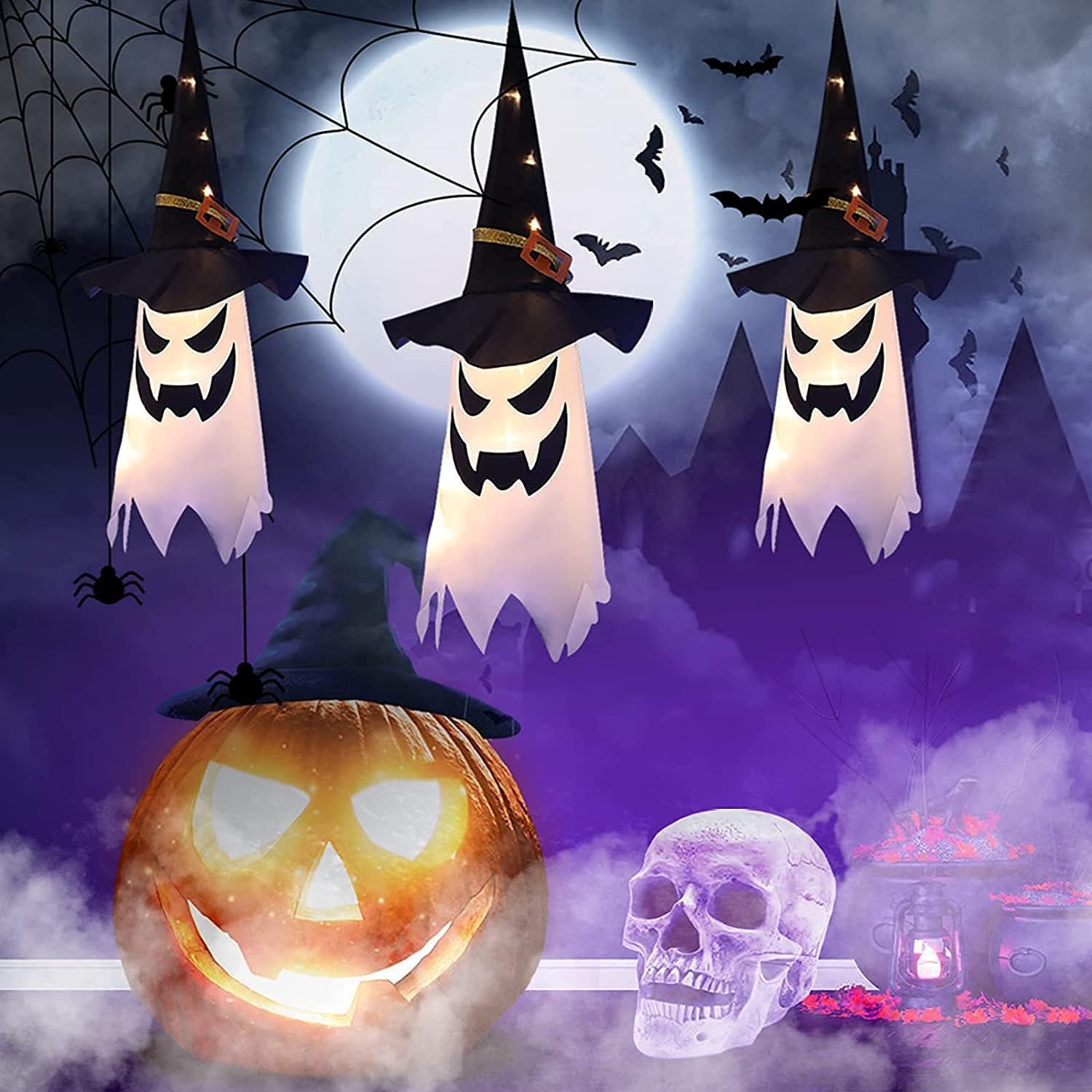 3 Hanging Glowing Ghost Decorations With Witch Hats - Halloween Outdoor Lights