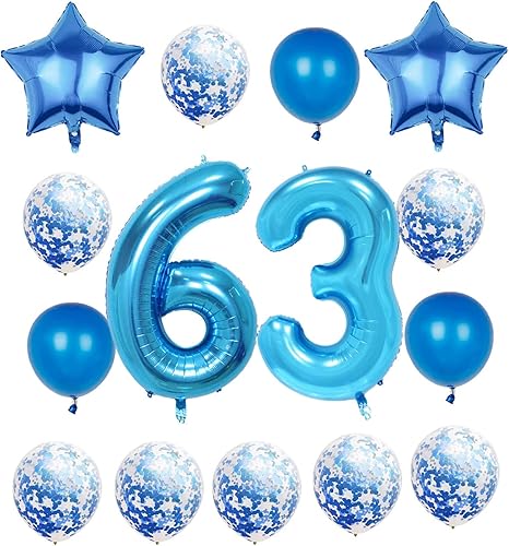 Decoraciones de cumpleaños número 63, globos azules del número 63, globos gigantes de Mylar de 40 pulgadas para hombres y mujeres, globos grandes de
