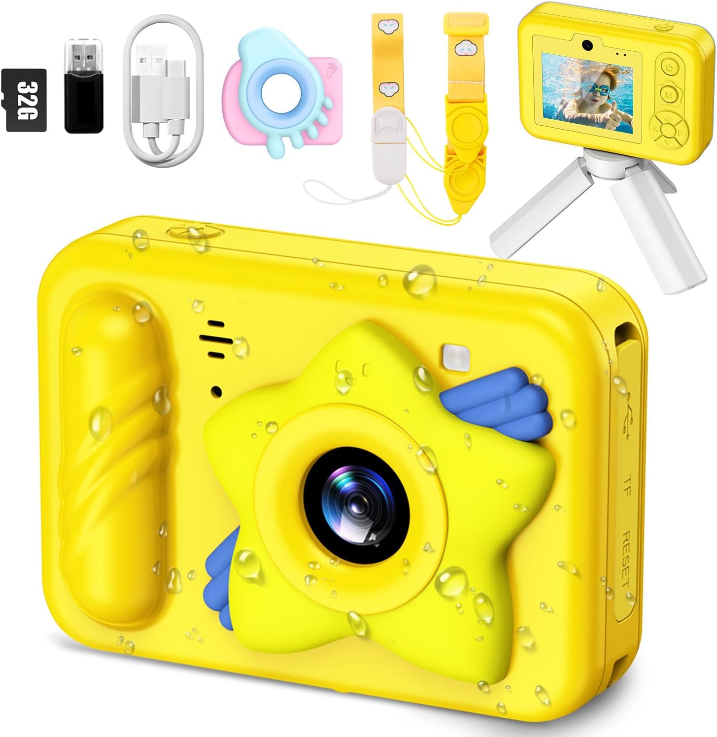 Underwater Camera for Kids - IP68 Waterproof Camera, 48MP Dual Lens, 1080P Video Recording, Toddler Camera for Pool & Beach, Ideal Christmas Birthday Gifts for Boys Girls Age 3-12 (Lemon Yellow)