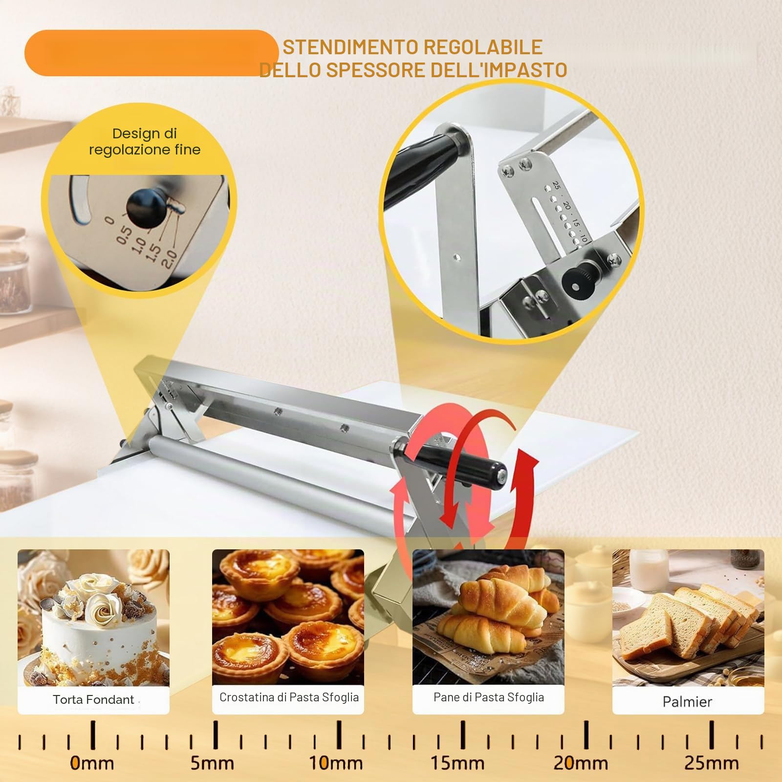 Sfogliatrice per Pasticceria e Pizza – Macchina Manuale in Acciaio Inox con Regolabile 0-25 mm, Design Pieghevole da Banco, Perfetta Come Sfogliatrice per Impasto 300-Model
