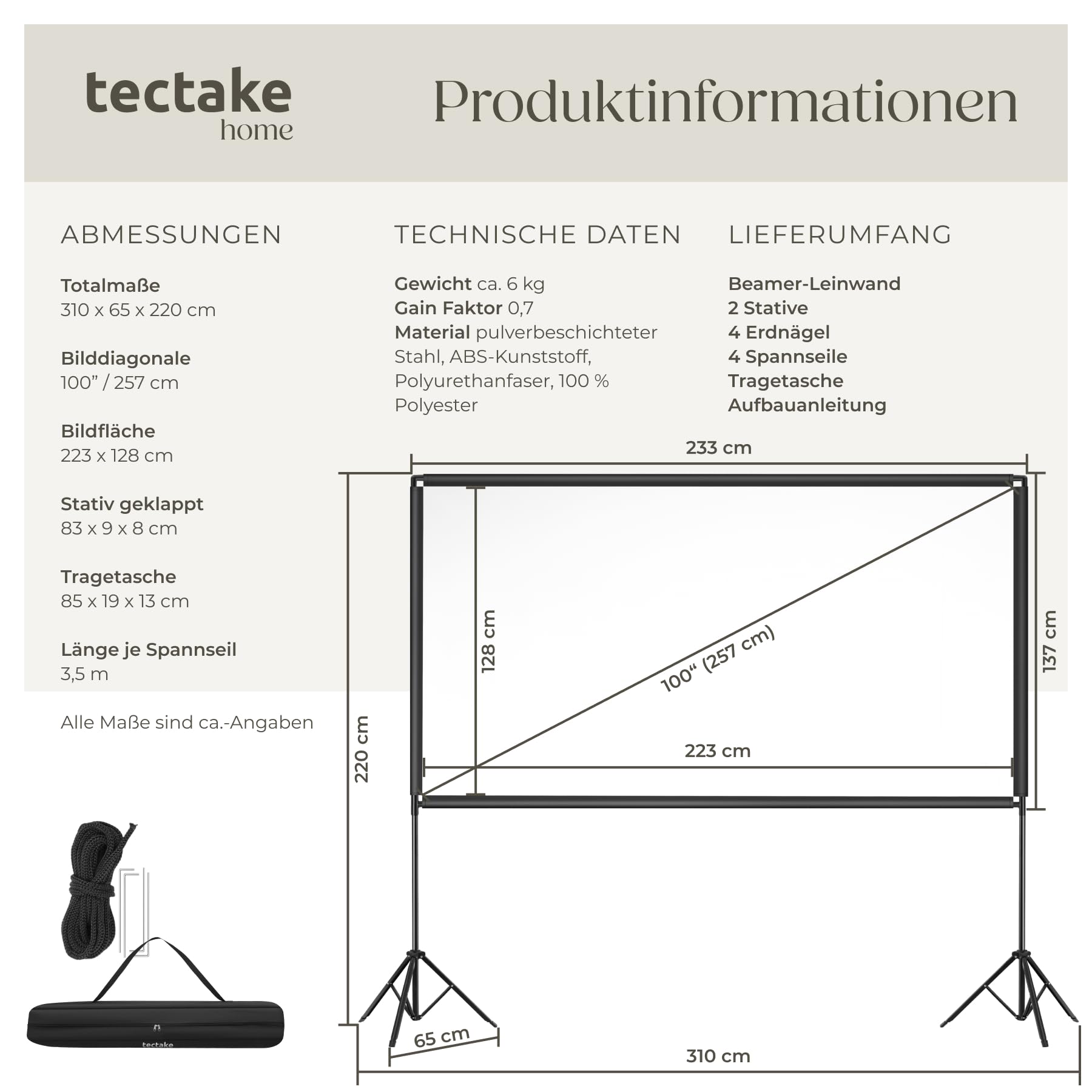 tectake® Mobile Beamer Leinwand 223x128cm, 100 Zoll, Format 16:9, 4K HD, 160° Betrachtungswinkel, Gain Faktor 0,7, Projektionsfläche, Projektionsschirm, Projektionswand, Heimkino, Outdoor, Stativ
