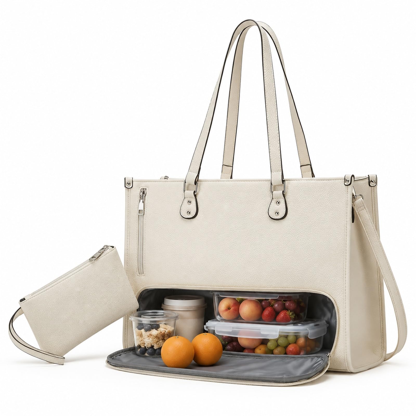 GOOGO Borsa pranzo donna con scomparto termico, borsa laptop elegante idrorepellente con vano lunch separato e molte tasche, per ufficio, campus e pendolarismo (bianco)