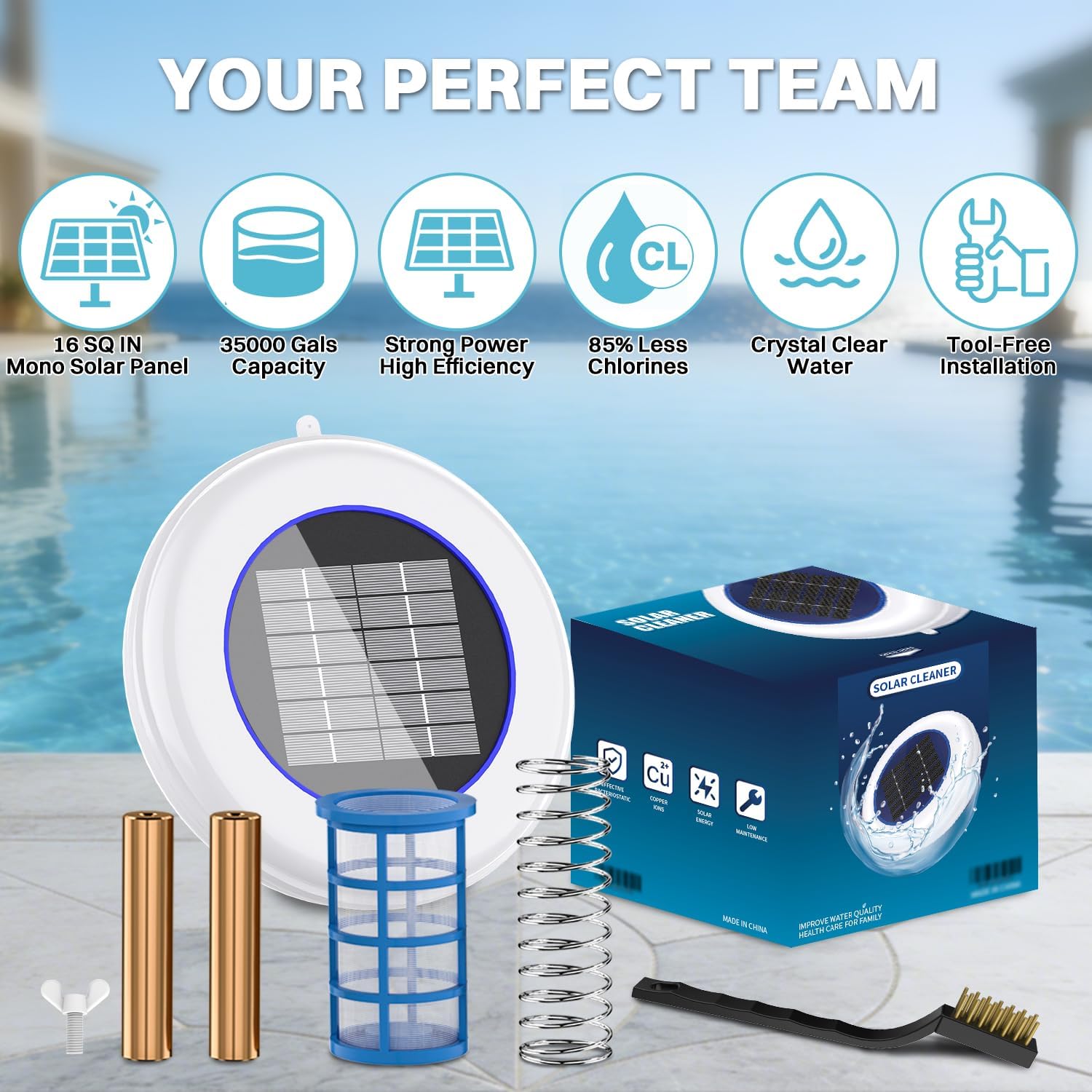 Solar Pool Cleaner | Floating Water Cleaner and Purifier | 2 Copper Replacement | Solar Powered Up to 35,000 Gal | Compatible with Fresh and Salt Water Pools & Spas | Reduces 85% Chlorine Use