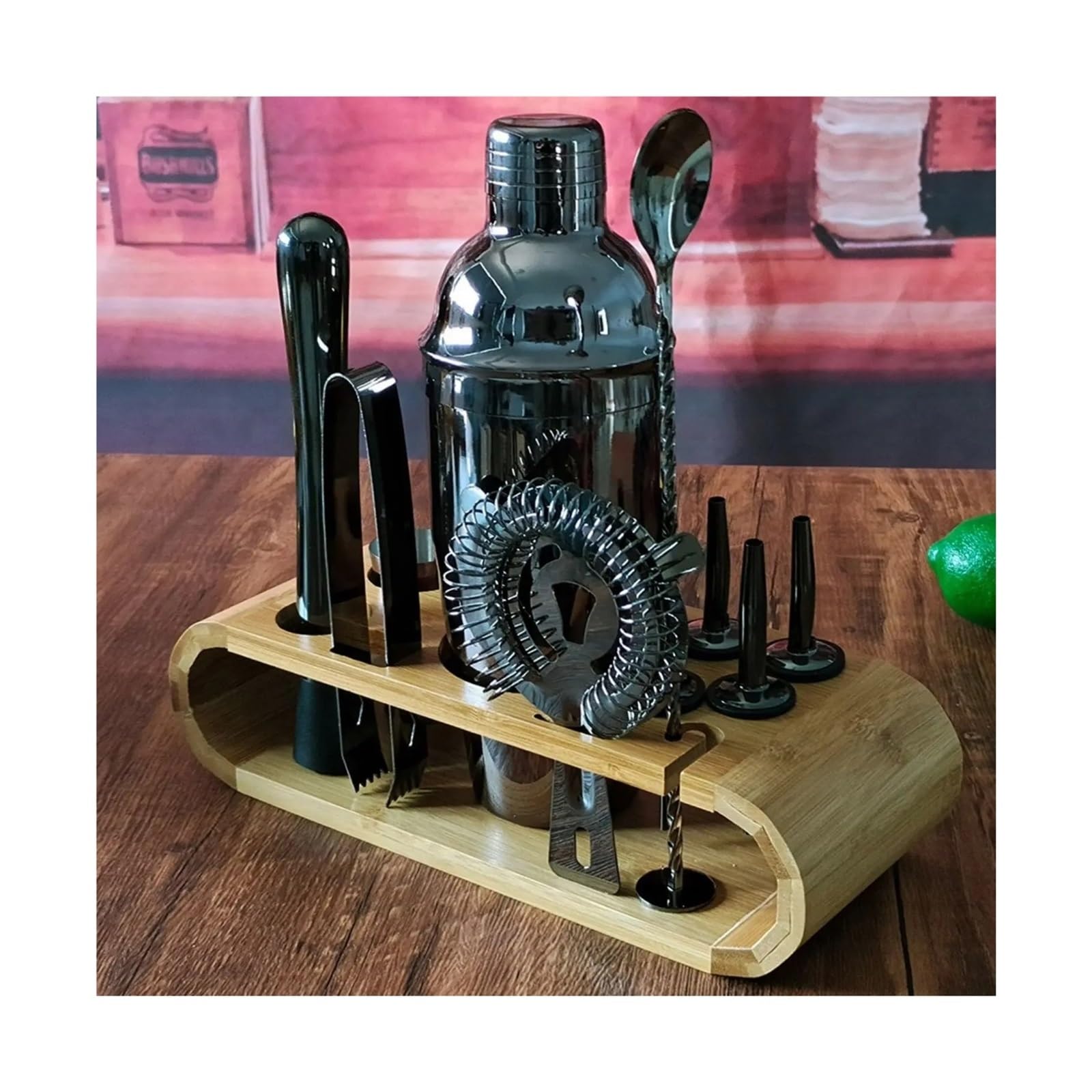 Set di strumenti da bar in acciaio inossidabile 12 pezzi con elegante supporto in bambù, shaker for cocktail, kit barista professionale for feste a casa(A)