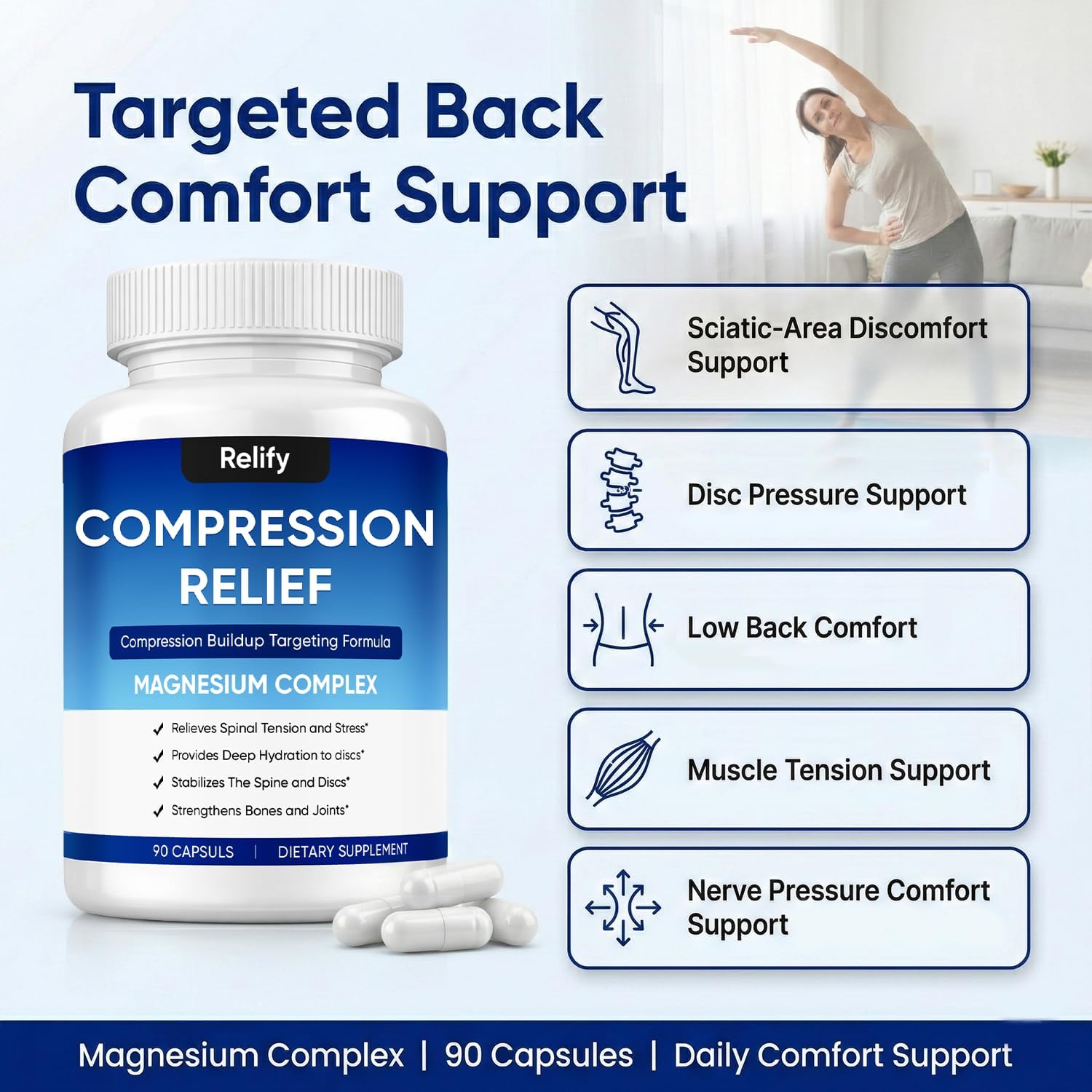 Mentara Relify Compression Relief Capsules with 1000mg Magnesium Complex for Women & Men, Support Back, Spine & Discs, Reduces Pressure, Non-GMO, 90 Capsules