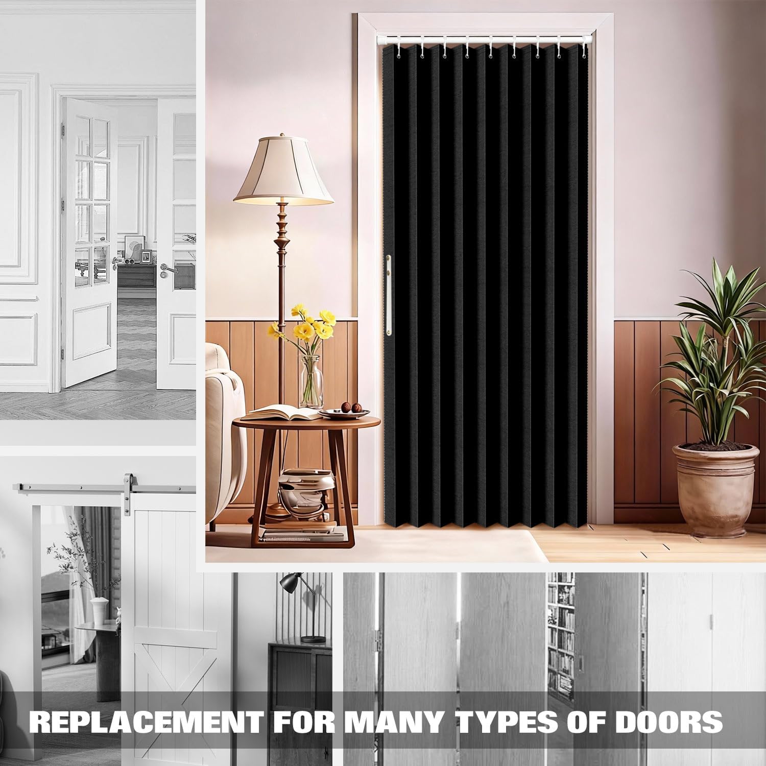 Jilron 100% Blackout Fabric Folding Door Curtain with Magnetic Closure - Accordion Style for Sliding Doors, Closets,Wardrobe and Temporary Door Solutions Doorway Curtains（W42 x L78, Black，1 Panel）