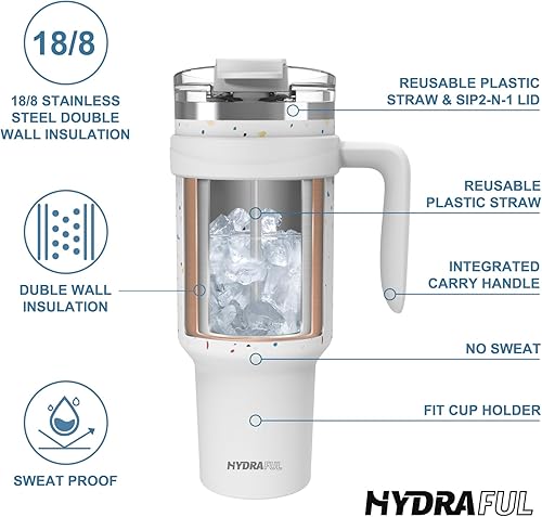 Miniatura 8 de Hydraful Vaso aislado de 40 onzas con asa y tapa de popote a prueba de fugas, taza de café de viaje al vacío de acero inoxidable, taza de batido