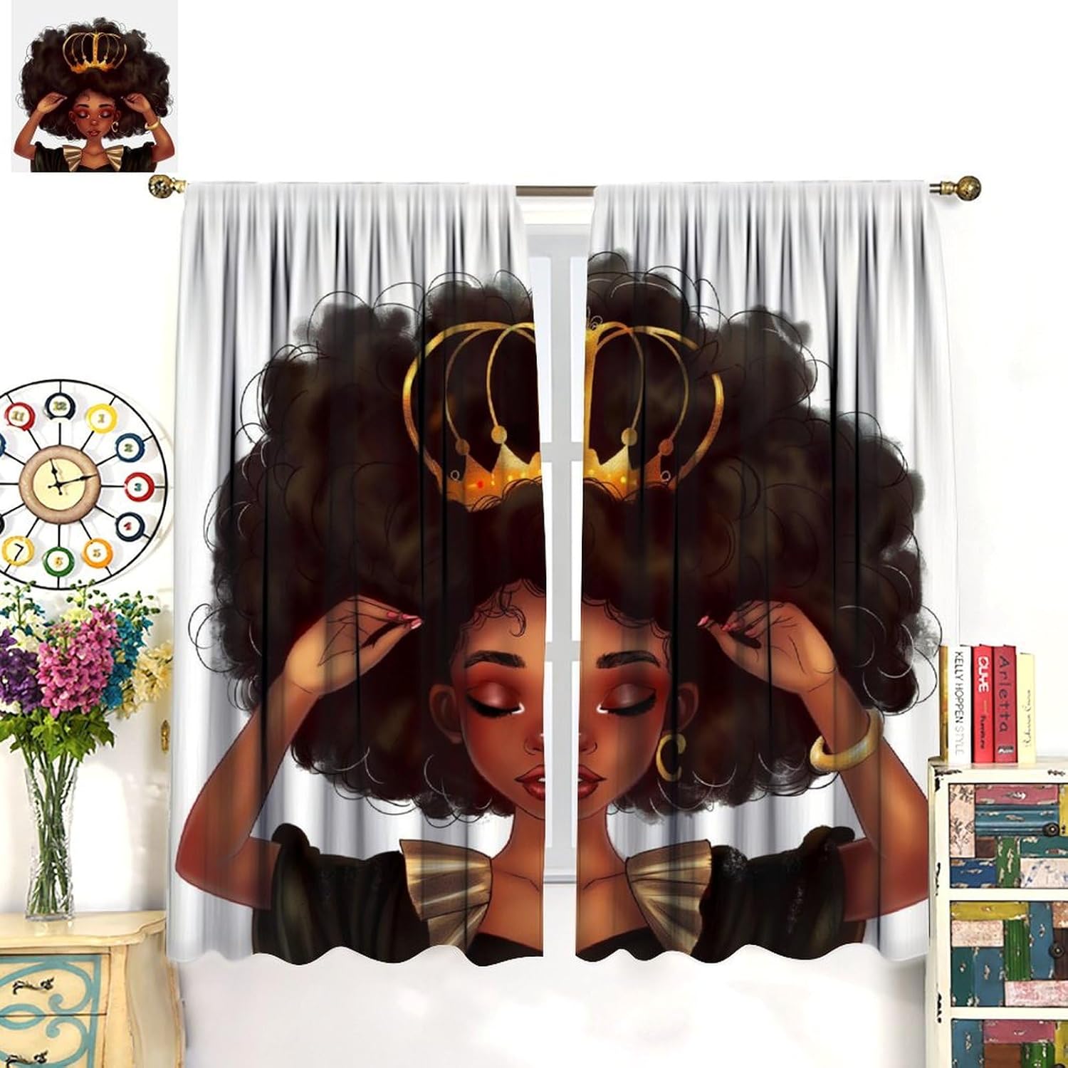 Black Girl Blackout Curtains, African American Women Girl with Gold crown Tapestries Black Queen Princess Wall Hanging Wall Windows Treatments Rod Pocket Drapes For Kids Living Room Bedroom 84x84in