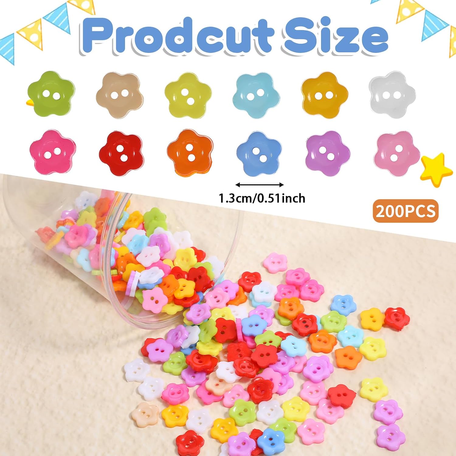 Giantree 200 Flower Buttons, Spring Flower Shaped Two-Hole Sewing Button Colorful Two-Hole Sewing Replacement Buttons for Sewings Crafts Clothing Gifts DIY Projects Scrapbook Decoration - Colorful