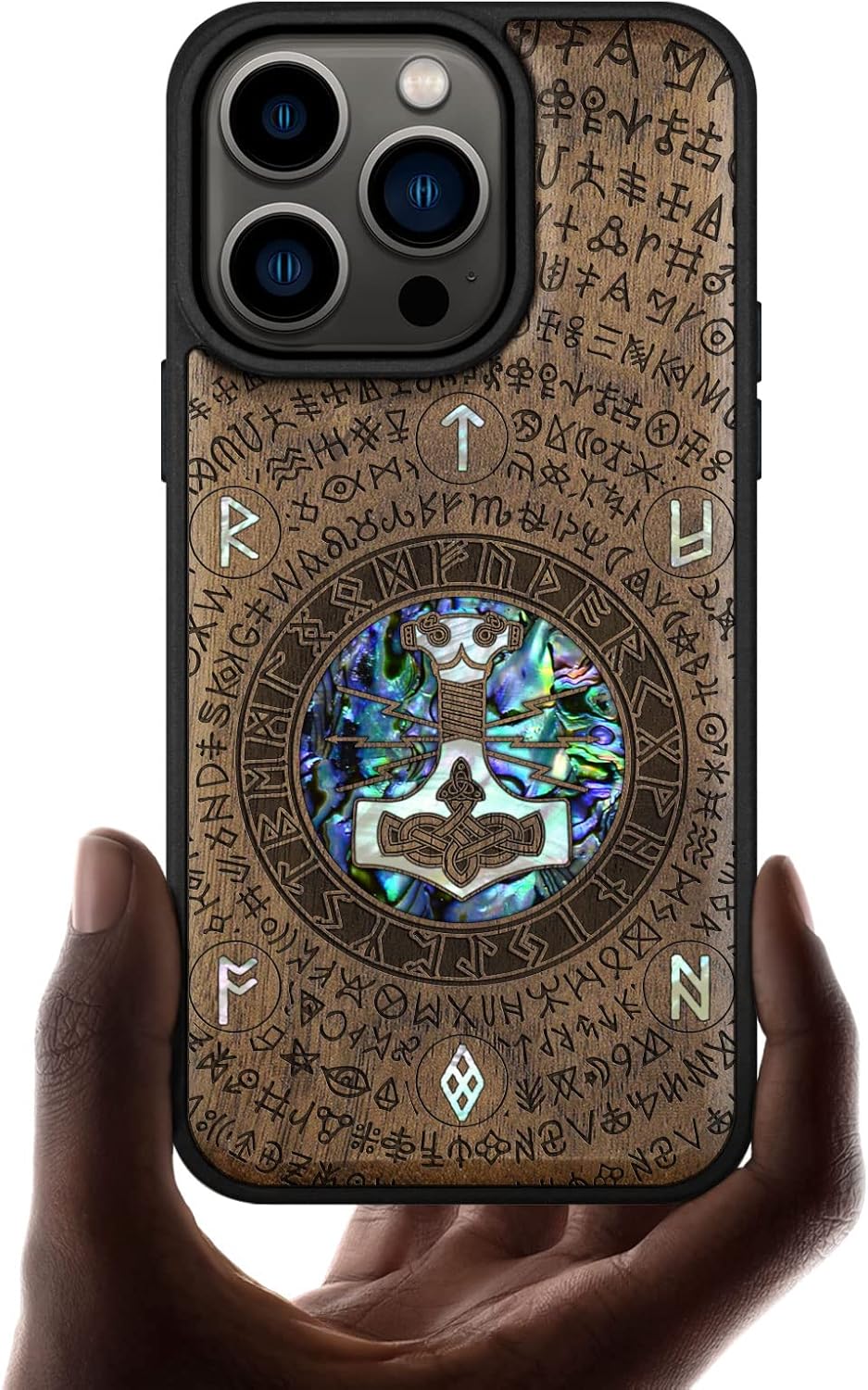 Carveit Designer Wooden Protective Magnetic Case for iPhone 14 Pro Case [Wood Engraving & Shell Inlay] Wood Phone Cover Compatible with 14 Pro MagSafe (Thors Hammer-Blackwood)