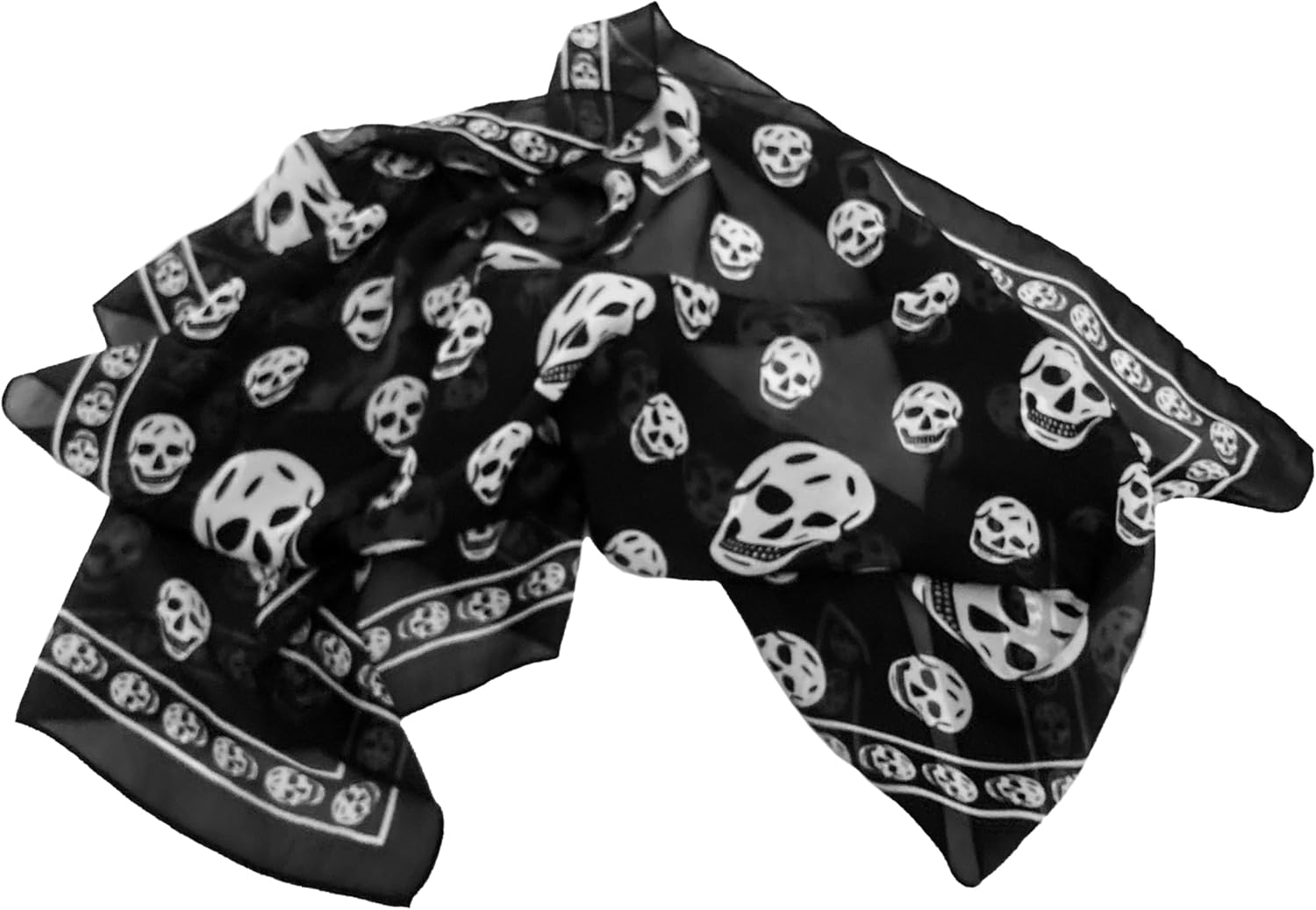 Mazeology Skull Scarf Genuine Pure Silk Chiffon, Black with White Skull Pattern, 36 Inch Square, Gothic Punk Accessory for Women and Men