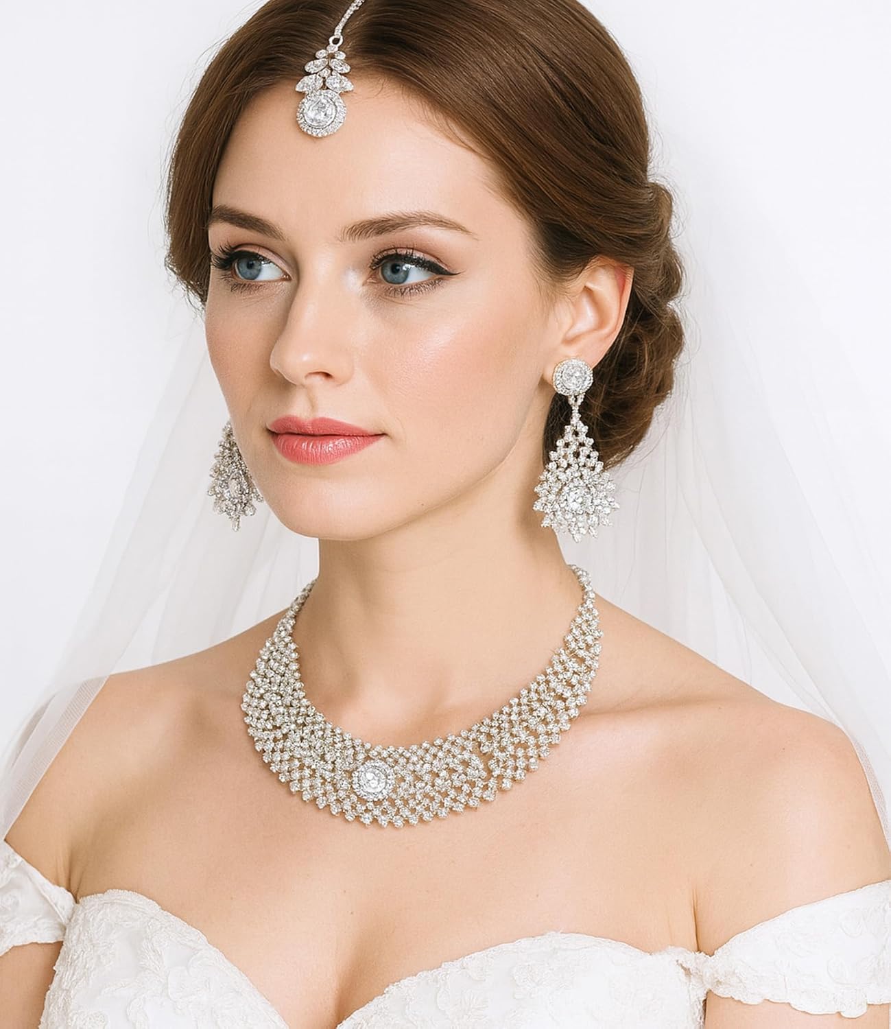 Sunsoul Touchstone Gold Silver Indian Jewelry Sets for Women Wedding Bridal Necklace Statement Bollywood Costume White Rhinestone Crystal Brides Fashion Chunky Party Formal Evening wear Accessories - Image 2