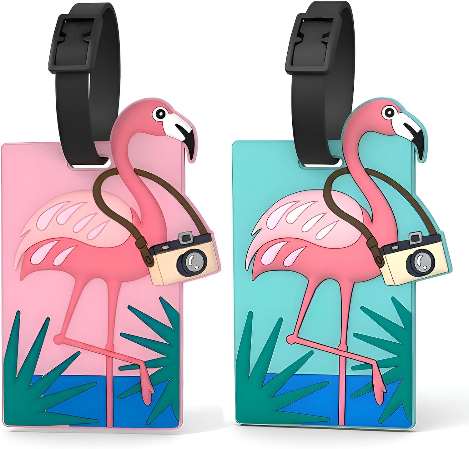 Cute Flamingo Luggage Tags for Suitcases, 2 Pack Tropical Silicone Name Tags with Cards, Pink Bird Bag Identifiers for Carry On, Backpacks and Beach Travelers