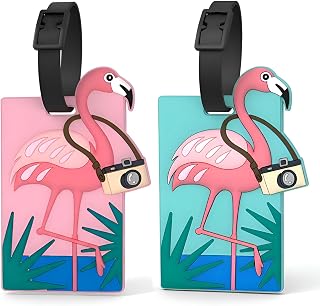 Flamingo Luggage Tags for Suitcases, 2 Pack Silicone Tropical Travel Tags | Writable back cards and buckle straps for carry-ons, backpacks, beach totes, cruise bags, pools, resorts, and summer trips