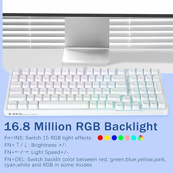 HUO JI Wired Mechanical Keyboard Hot Swappable Lubricated Linear Switch Gasket Construction 5 Layer Sound Damping Foam RGB Backlit 99 Keys Gaming Keyboard for PC/Mac White