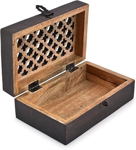 Miniatura 4 de Caja decorativa de madera de mango con tapa con bisagras, ideal para recuerdos, baratijas, joyas y otros objetos (8 x 5 x 3 pulgadas)