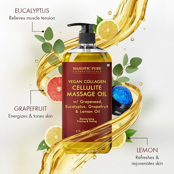 Majestic Pure Cellulite Massage Oil 236 ml | Skin Tightening & Firming Massage Oil, Includes Massage Roller, for Thighs & Buttocks