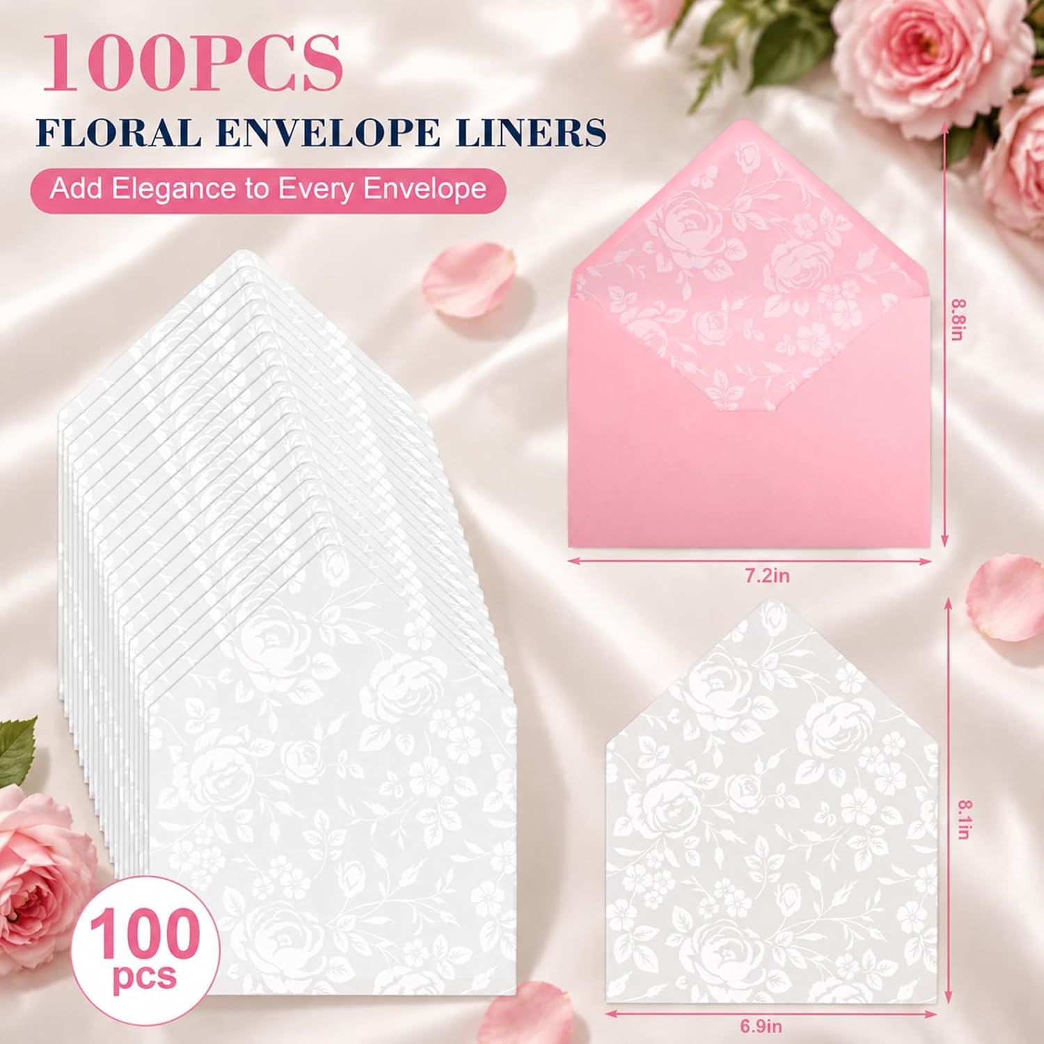 100 Pack White Rose Envelope Liners for 5x7 Invitations