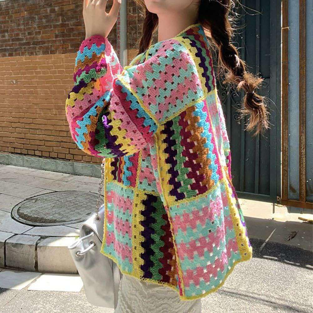 Women's Cute Casual Lightweight Cropped Tops Bohemian Crochet Cardigan Retro Colorful Handmade Openwork Sweater