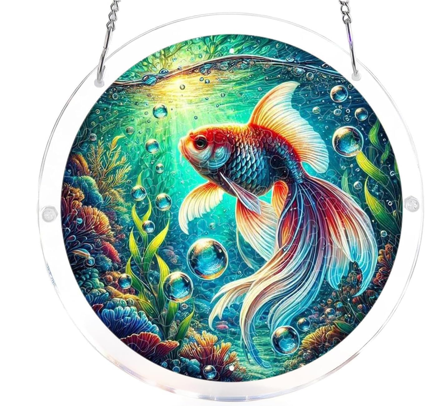 Fish Acrylic Jigsaw Puzzles Suncatcher, 8.2 Inch Window Hanging Suncatcher Acrylic Puzzle, DIY Home Decor Art Gift