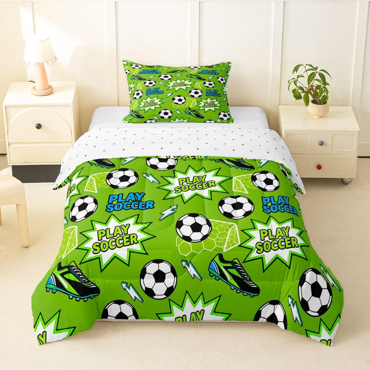 Castle Fairy Soccer Comforter Set Twin Size,Football Shoes Lightning Bedding Sets 2Pcs for Kids Girls Boys Teens Room Decor,Ball Sports Gaming Quilted Duvet Modern Green Down Comforter,1 Pillowcase image 4