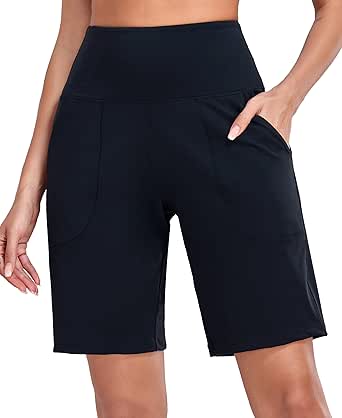baleaf Dames 25 cm lange shorts katoen lounge gym workout yoga zweet bermuda gebreide jersey shorts zakken, Zwart, M