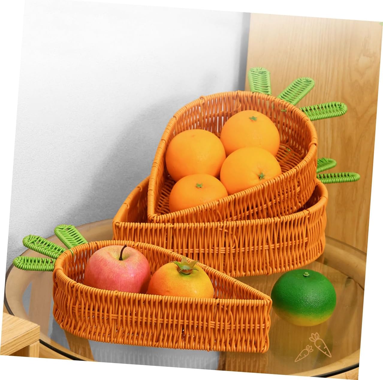 CHILDWEET Carrot-shaped Wicker Fruit Basket Set 3pcs Handmade Rattan Fruit Storage Baskets for Kitchen Countertop Living Room Snack and Bread Serving Tray