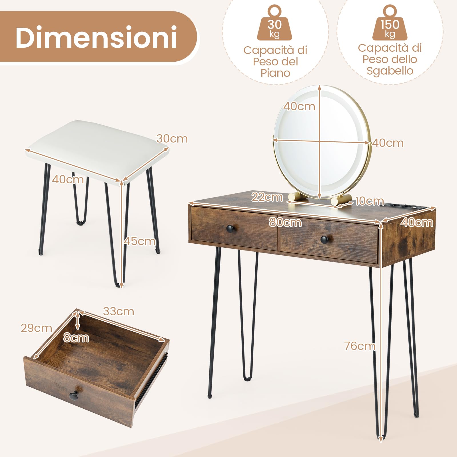 COSTWAY Toeletta Trucco con Specchio e Luci, Tavolo Trucco con Specchio Regolabile, Stazione di Ricarica Integrata, 2 Cassetti, Sgabello Imbottito, per Soggiorno Camera da Letto