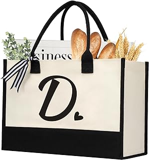 Initial Canvas Tote Bag, Personalized Beach Jute Bag Present for Women Holiday,Friends Birthday Gift,Wedding, New Year