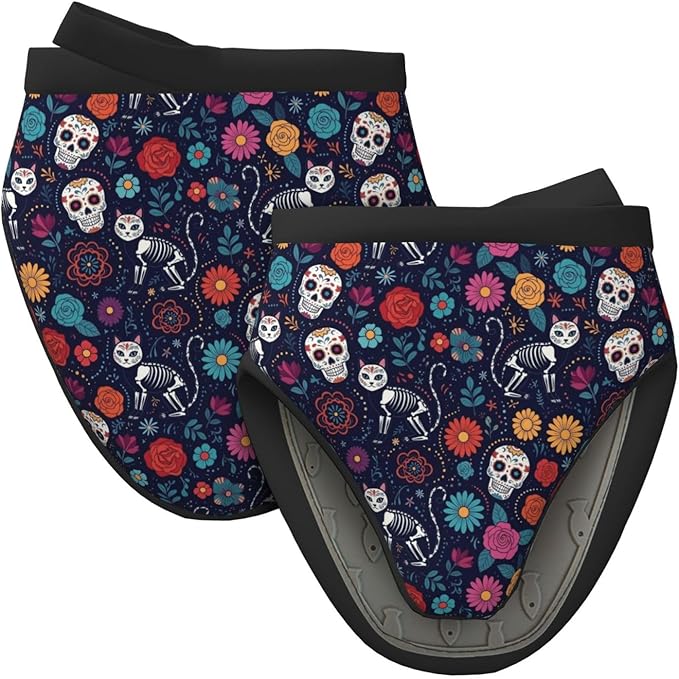 Non-Slip Mini Oven Mitt Set Heat Resistant Kitchen Mini Oven Mitts Compatible with Day of The Dead Black Cat Rose Sugar Skull Skeleton 2 Pack