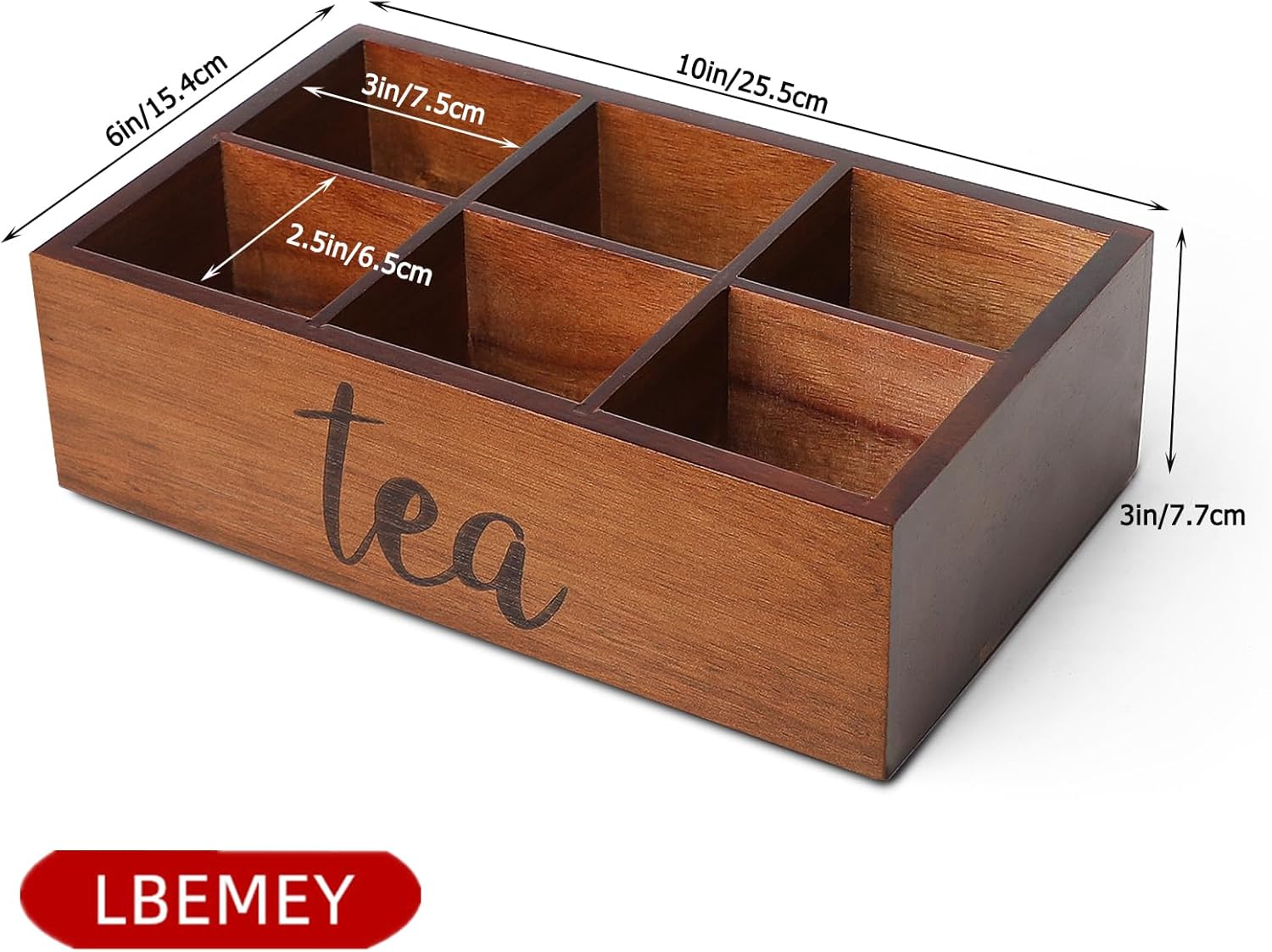 LBEMEY Tea Bag Organizer,Acacia Wood Tea Storage Containers with 6 Compartments, Sugar Packet Holder,Tea Bag Caddy Box for Cabinet Countertop Office (Brown-Labeled "Tea")