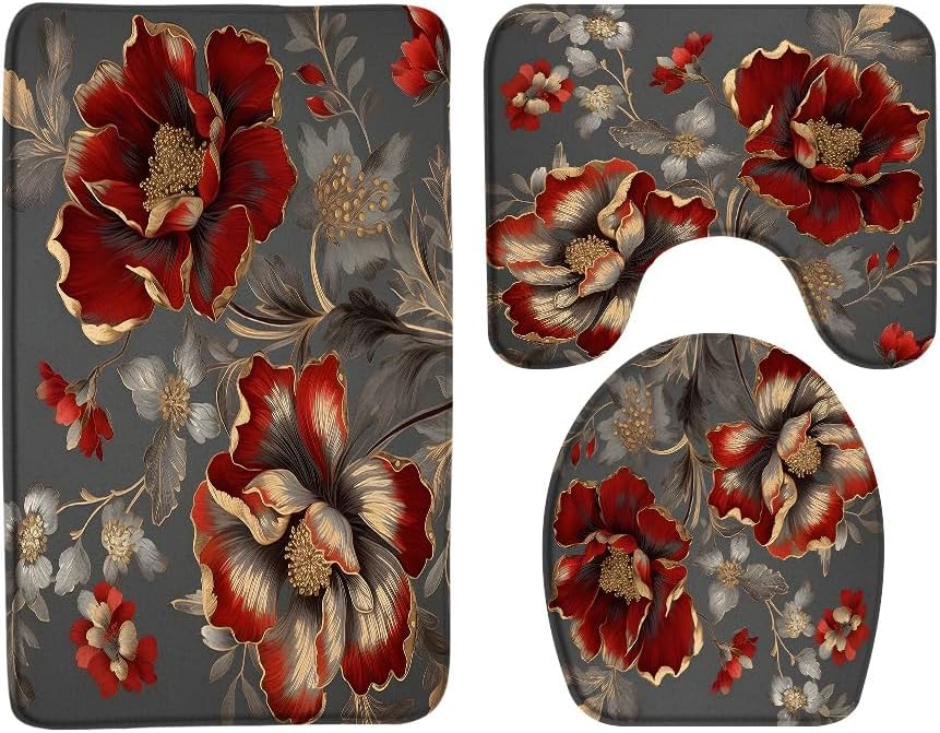 3 PCS Red Flower Bath Mat with U-Shaped mat and Toilet Cover，Retro Burgundy Floral Grey Gold Vintage Abstract Bloom Plant Bathroom Decor Rugs