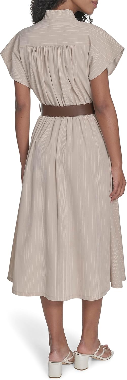 Calvin Klein Womens Cap Sleeve V-Neck Belted Midi Cotton A-line Dress - Image 3