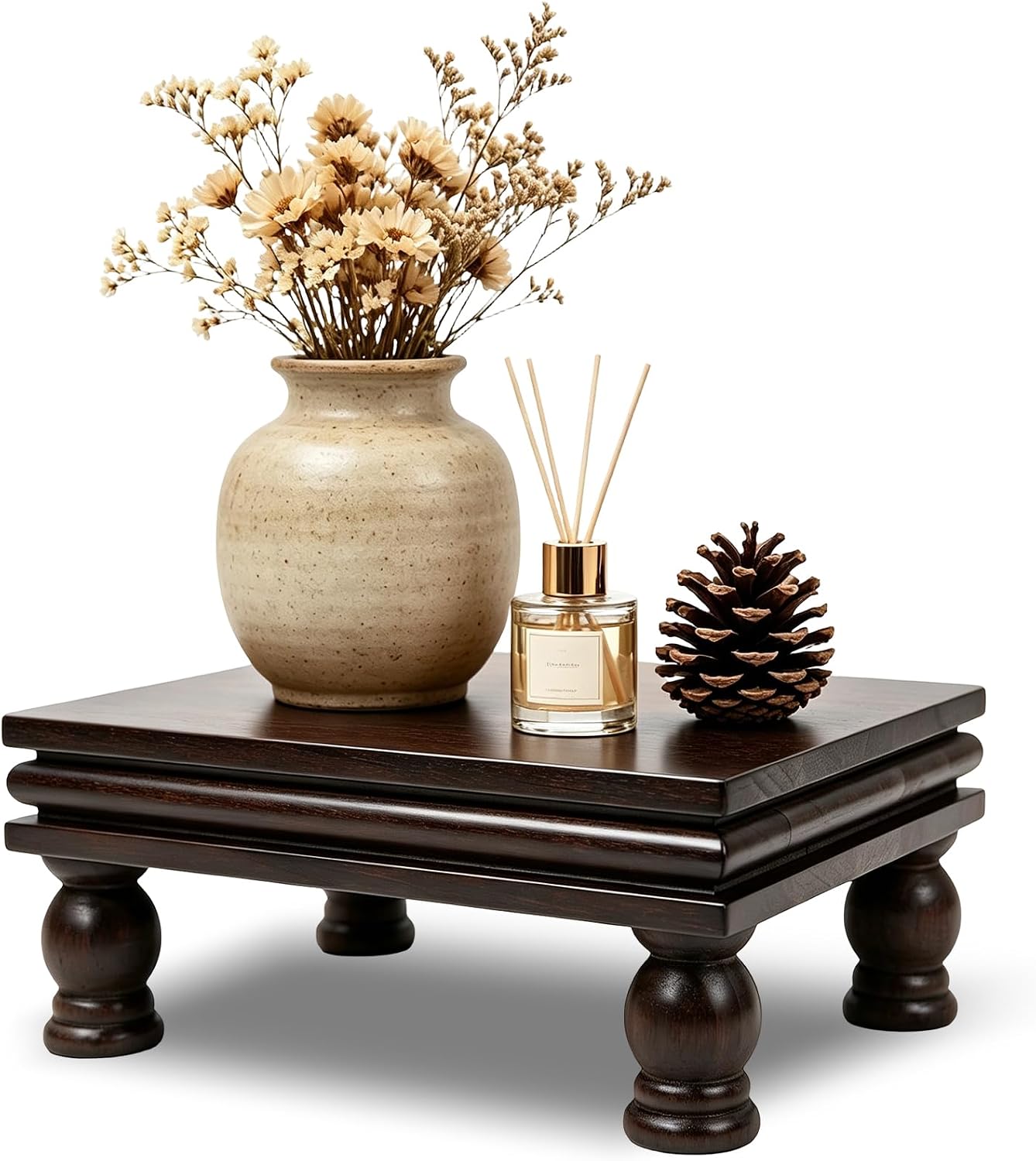 Acacia Wood Display Riser Pedestal Stand with Beaded Edge, Dark Brown