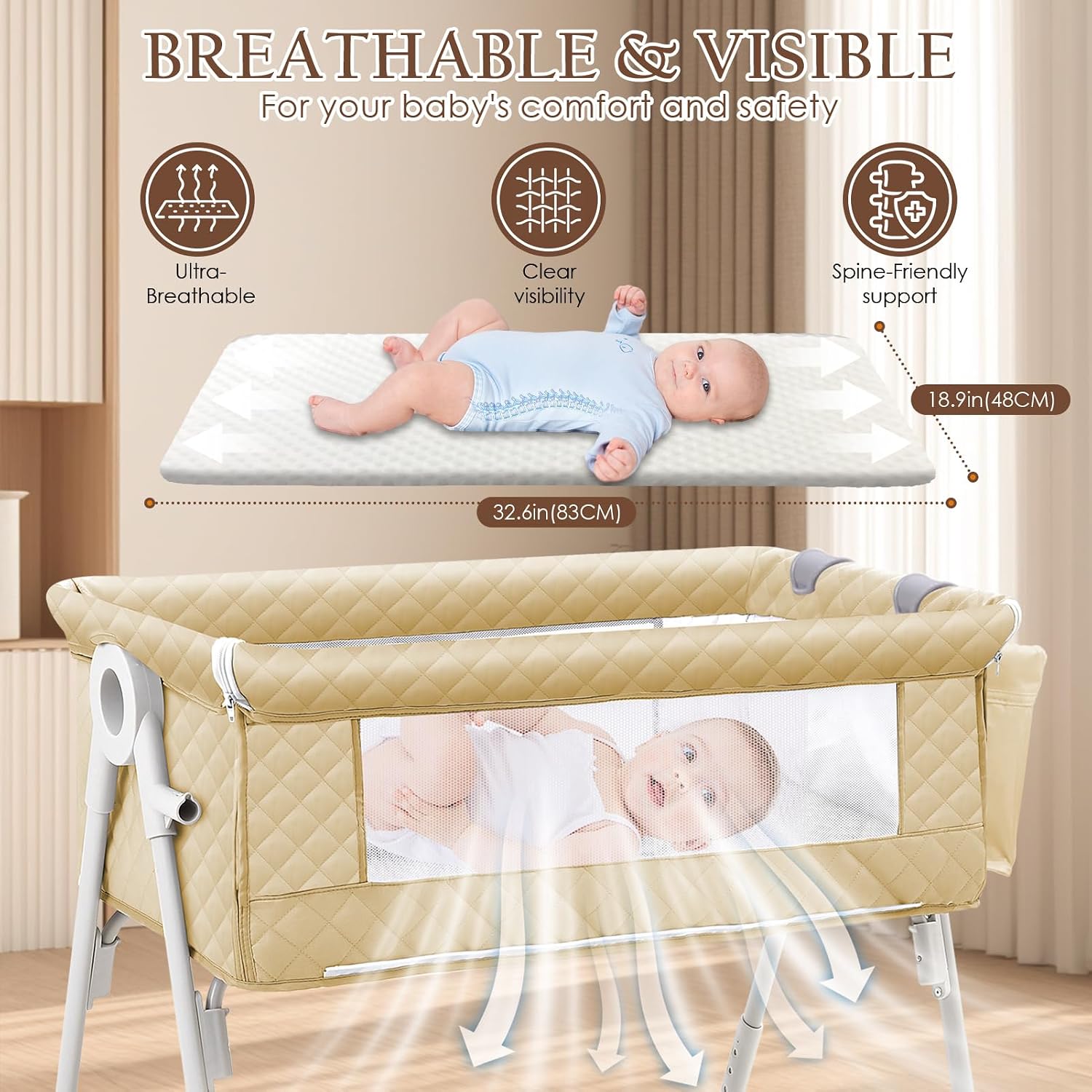Baby Bassinet Bedside Crib for Newborn, 4-in-1 Baby Bassinet Bedside Sleeper with Mesh & Mattress, Easy Move Crib for Newborns with Lockable Wheels & Storage Basket, 4-Adjustable Height(Khaki) | Bassinet with Wheels, Storage Basket, 4 Height Adjustable