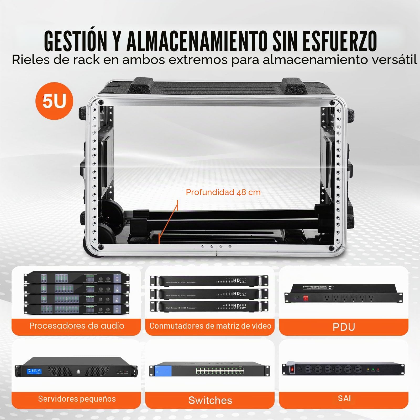 VEVOR 5U Gabinete para Servidor, Profundidad de 488,95 mm, Gabinete para Rack de Servidor con Ruedas de Construcción ABS, Paneles Frontal y Posterior Desmontables para Amplificadores, Mezcladores