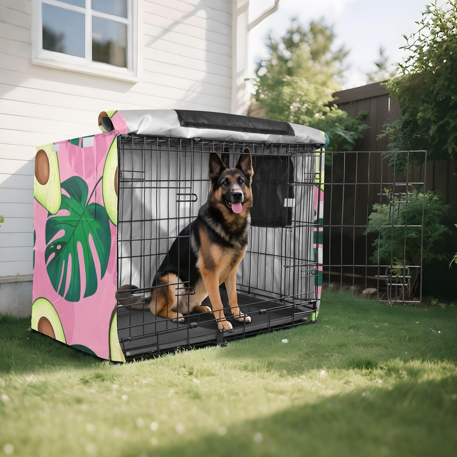 Avocados Leaves Pink Pet Cage Cover with Mesh Windows, Breathable Dog Crate Cover Indoor Use, Large
