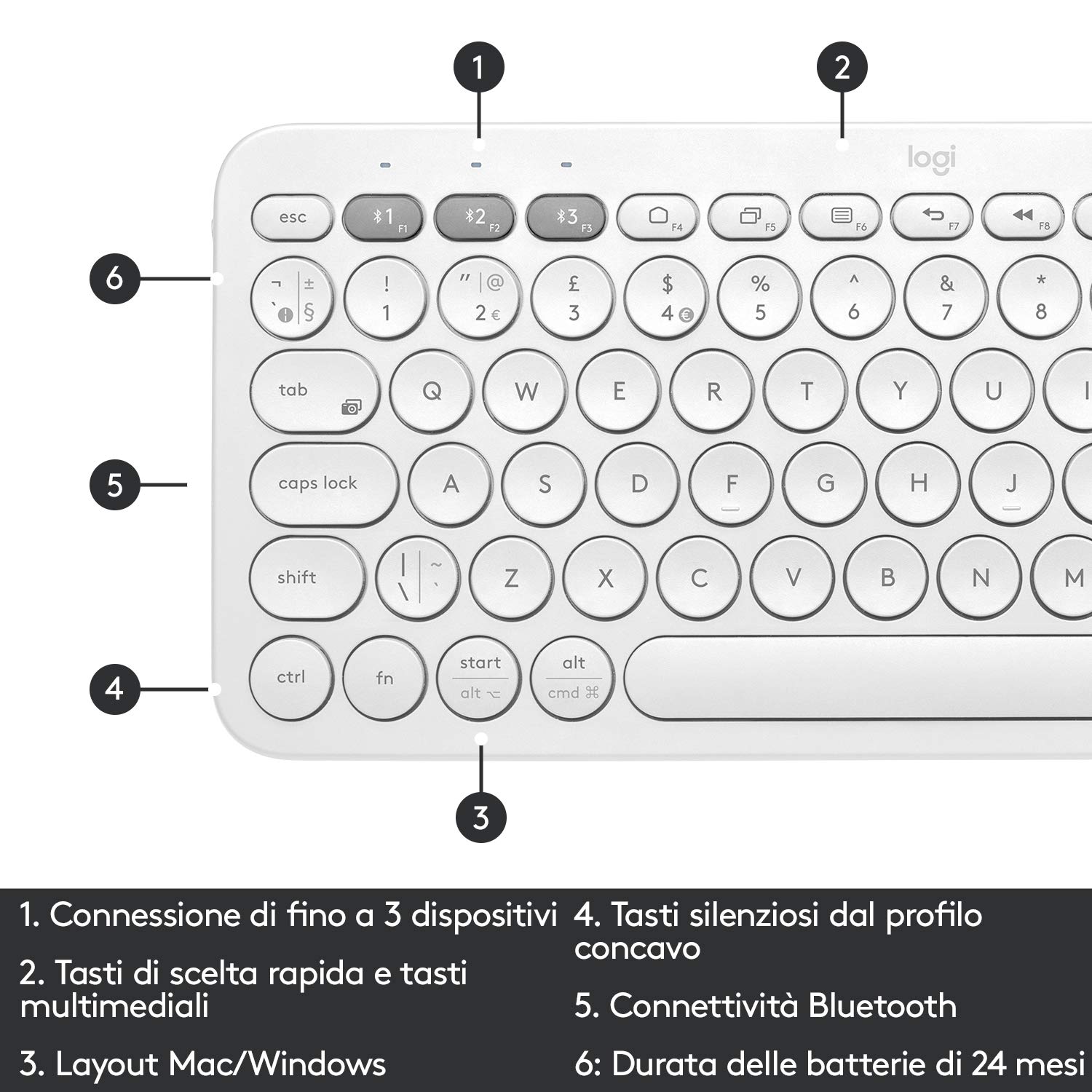 Logitech K380 Tastiera Bluetooth Multidispositivo per Windows | Apple iOS, ‎Bluetooth Wireless, Design Compatto, PC/Mac/Laptop/Smartphone/Tablet, Layout Italiano ‎QWERTY, Bianco