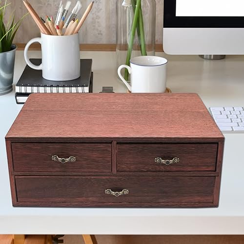 Miniatura 5 de Organizador de escritorio de madera, armario de almacenamiento de madera con 3 cajones, mostrador de mesa, almacenamiento de joyas, caja de