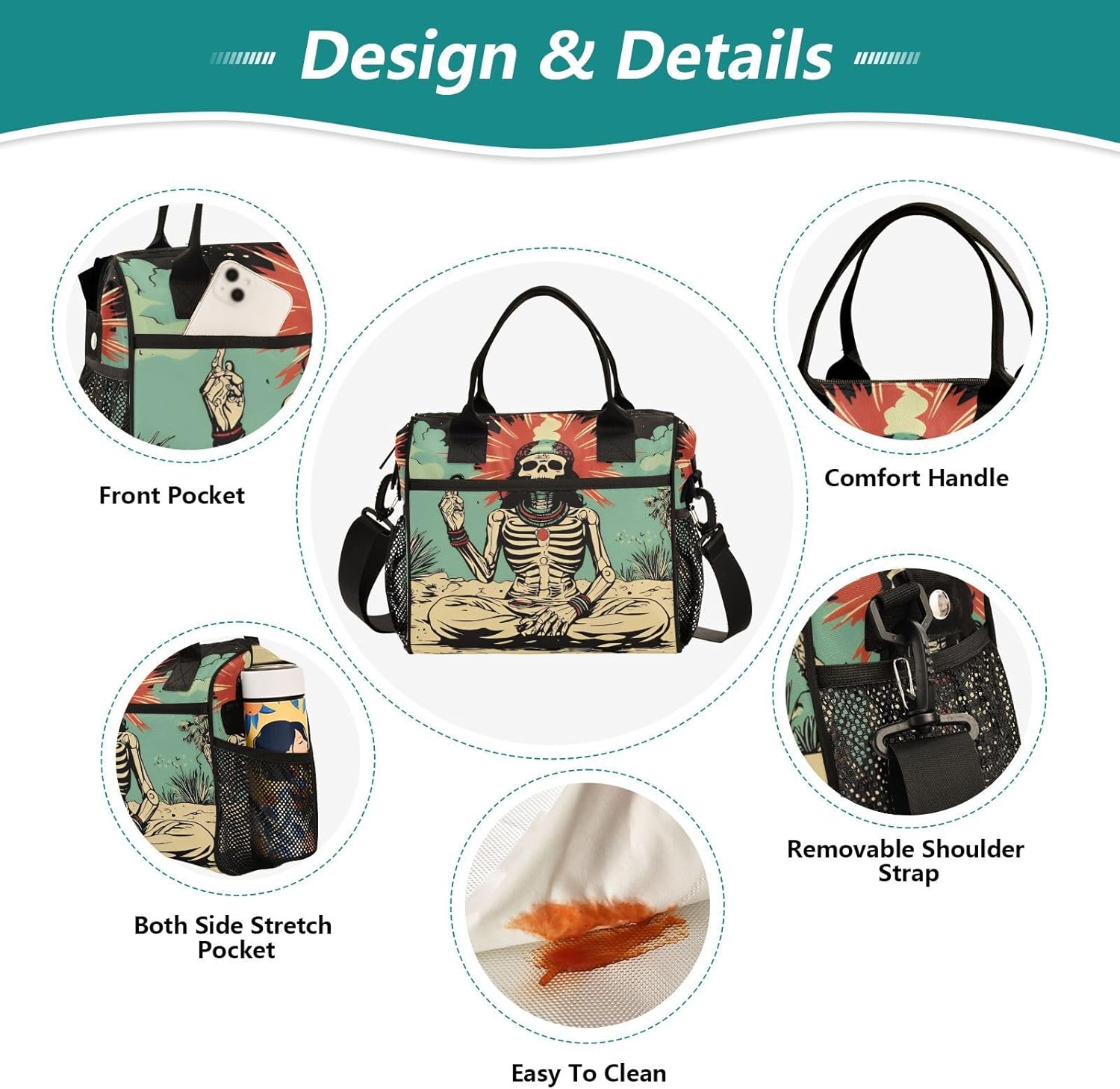 Meditating Skull Desert Insulated Lunch Bag for Women Men Large Funny Cute Reusable Lunch Box Adult Leakproof Portable Cooler Cooling Tote Bags for Beach Work Picnic Camping