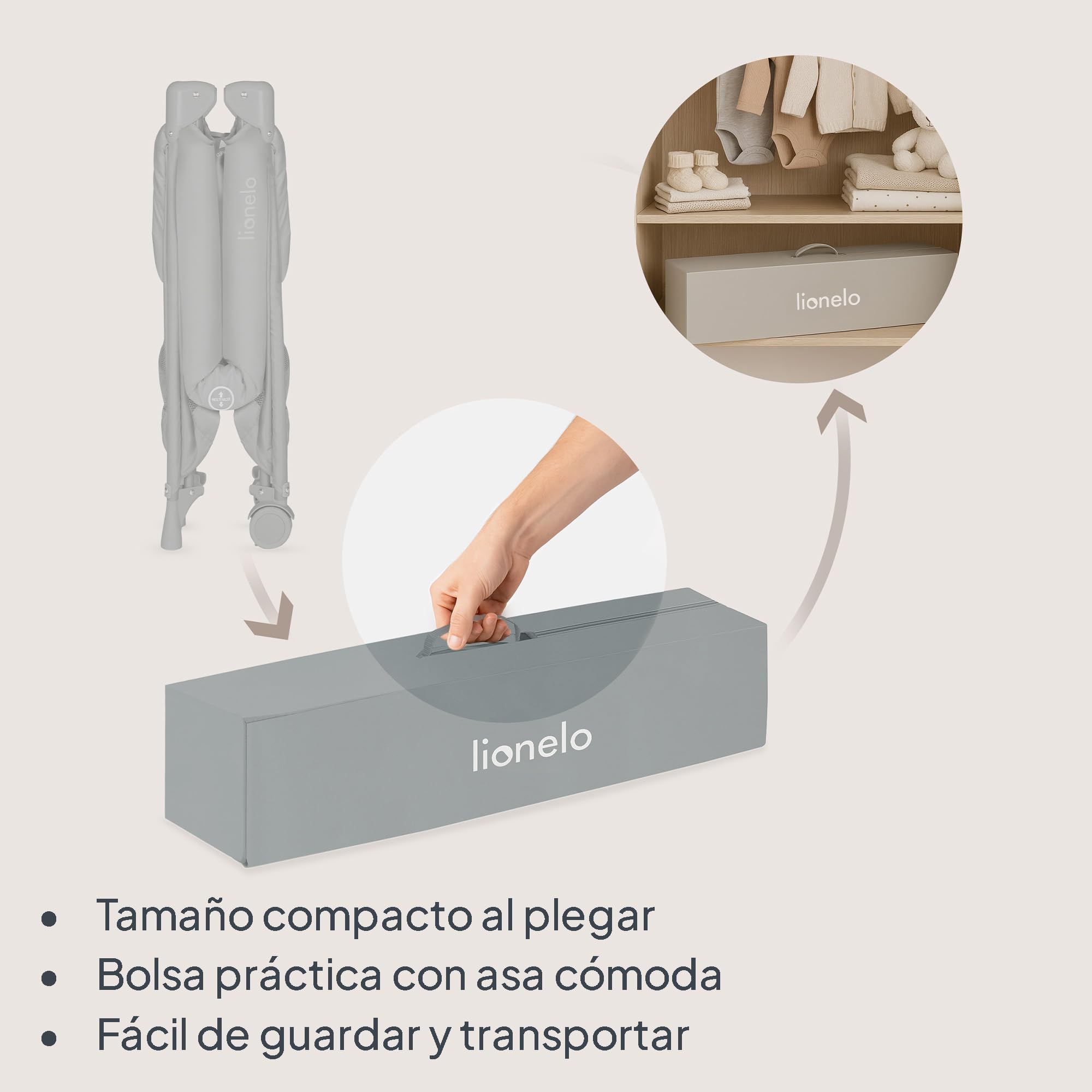 Lionelo Cuna de viaje para bebé Amelie desde el nacimiento hasta los 15 kg, Pequeña, Plegable, Colchón blando plegable, 100,5x70,5 cm, 2 ruedas, Entrada lateral, Bolsa de transporte