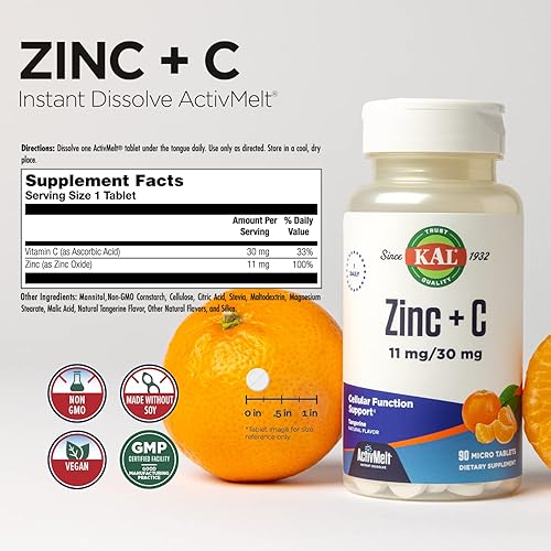 Miniatura 2 de KAL Zinc Plus C disolución instantánea de vitamina C y zinc función celular y apoyo inmunológico absorción óptima sabor natural a mandarina garantía