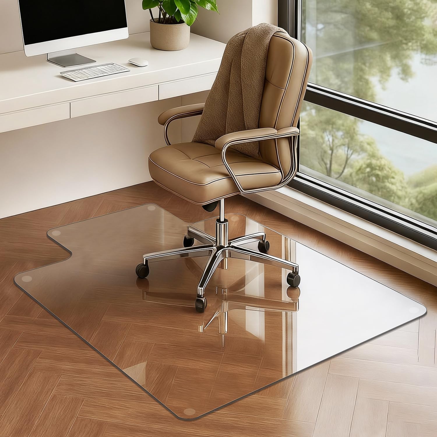 VASUHOME Premium Tempered Glass Chair Mat with Lip – 53" x 45" Large Floor Protector for Carpet & Hardwood, 1/5" Thick, Includes 12 Anti-Slip Pads 45" x 53" w/ Lip