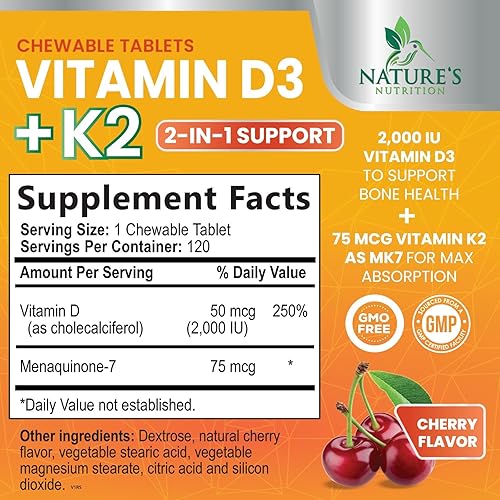 Vista 2 de Vitamina D3 K2 2000 UI Plus con K2 (MK-7) 75 mcg - Suplemento complejo de vitaminas D y K para huesos, dientes, músculos, absorción de calcio, apoya