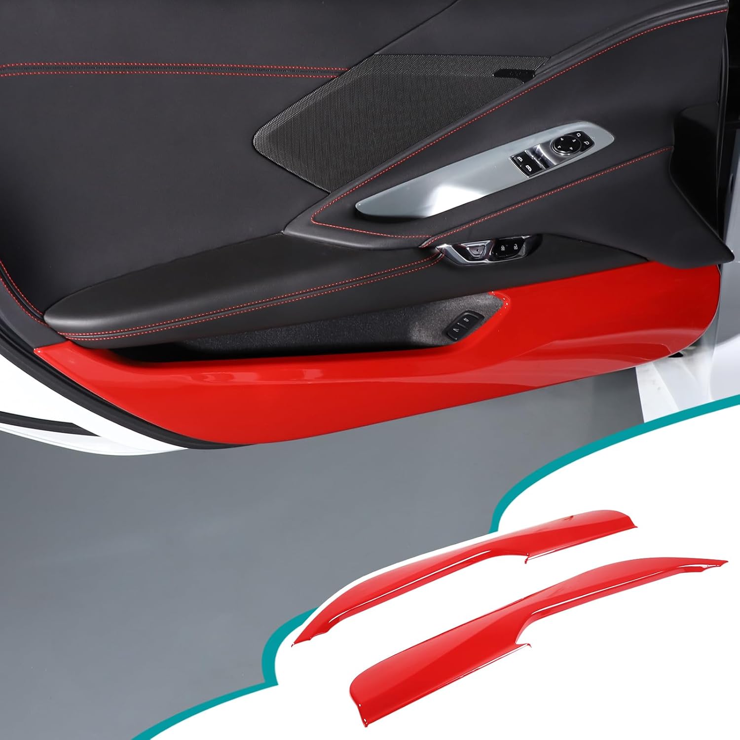 Car Door Anti Kick Panel Trim Sticker Compatible with Corvette C8 2020-2023, Inner Door Anti Kick Decorative Panel Protection Accessories (ABS，Sports Red)