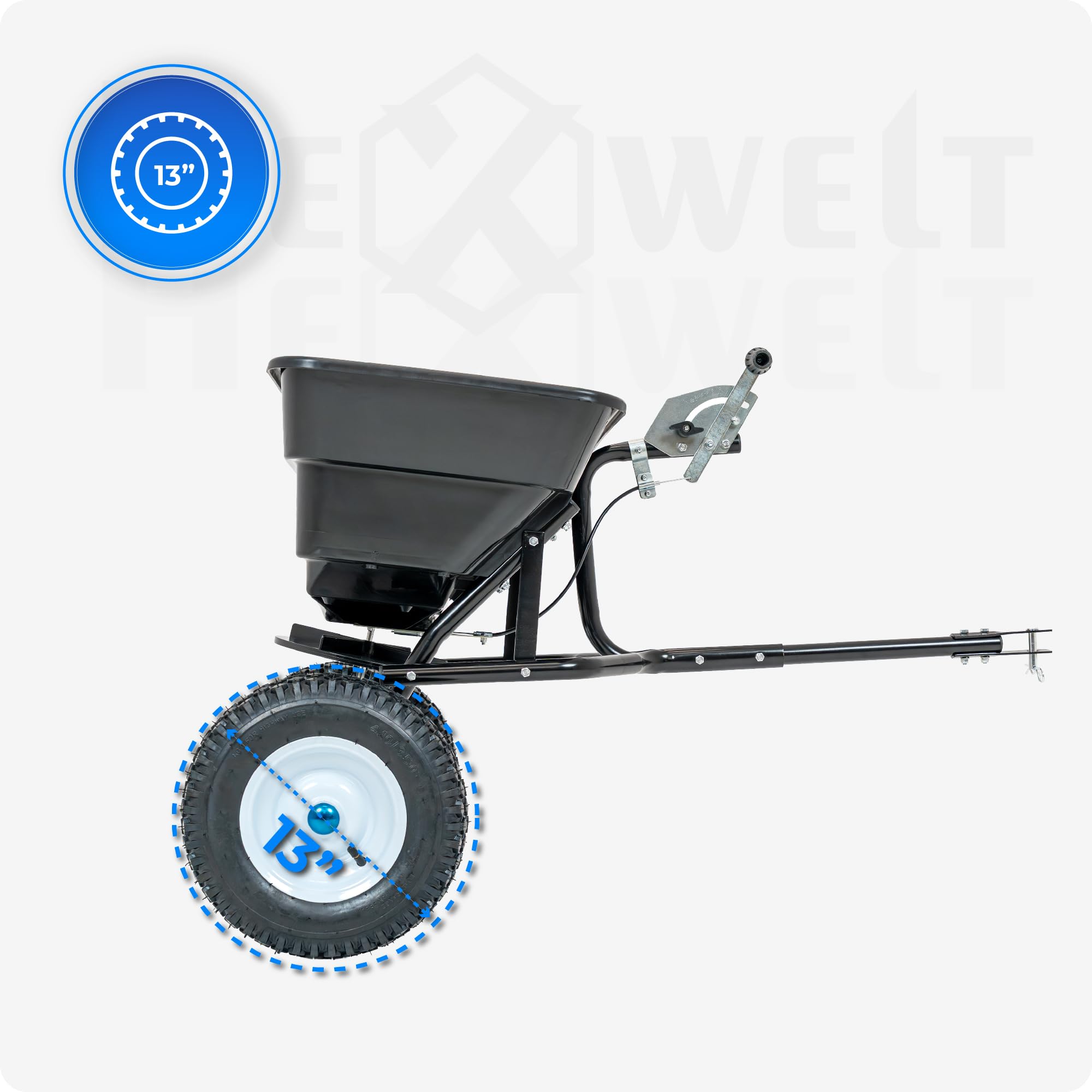 Streuwagen 30L für Rasentraktor, Anhängestreuer 3,5 m, Düngerstreuer, Saatgutstreuer für Rasensamen, Salzstreuer und Sandstreuer mit Luftreifen, HW-SPREADER