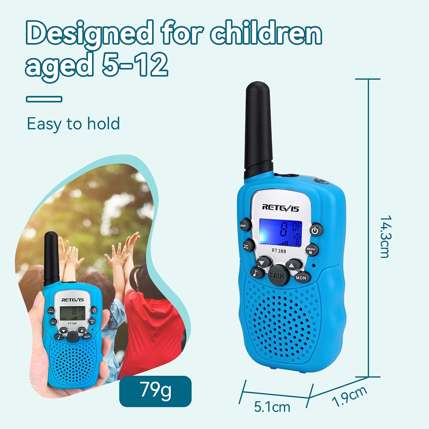 Retevis RT388 Walkie Talkie dla dzieci zabawka o dużym zasięgu dla 3-12 lat 8-kanałowa latarka LCD prezent na kemping przygody wędrówki 1 para niebieska
