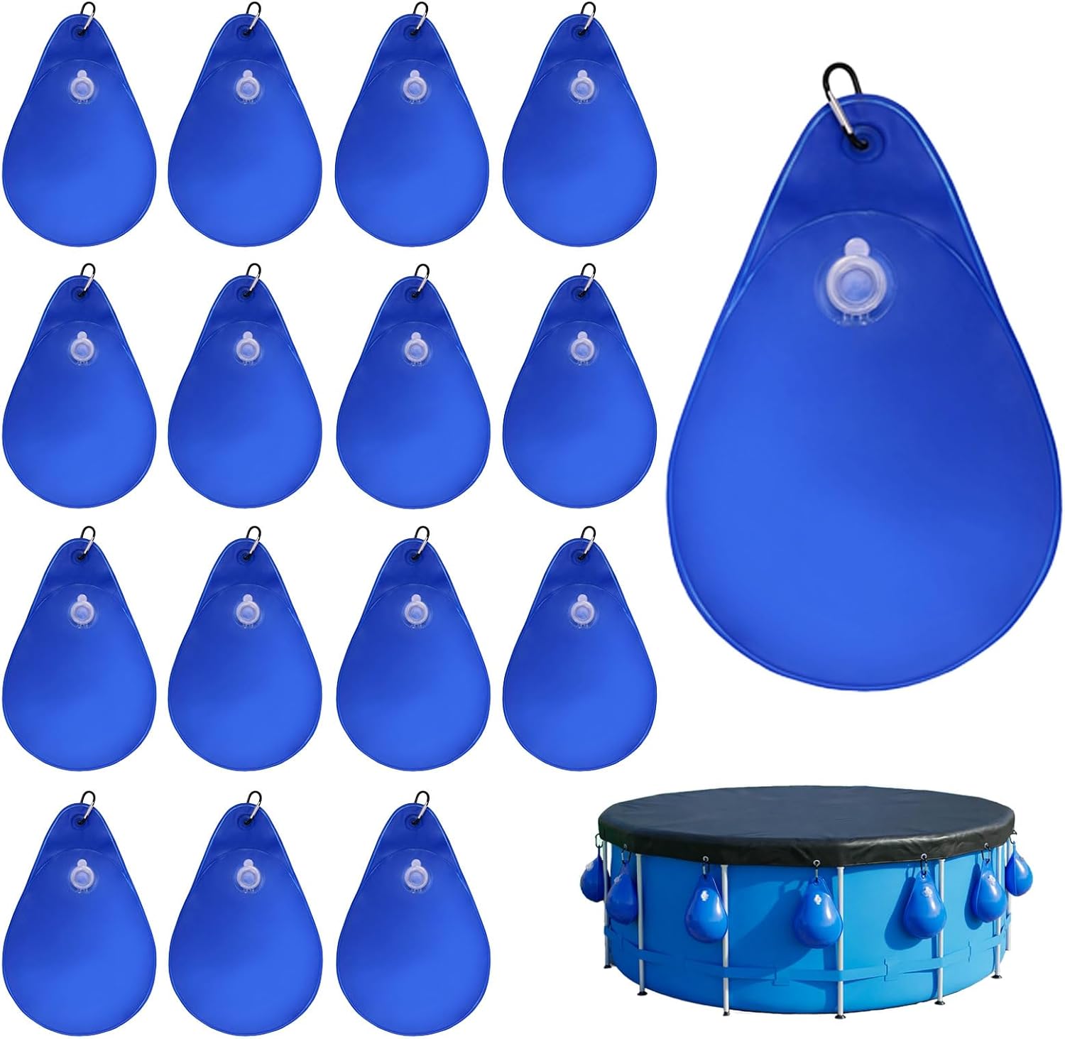 16 Pack Pool Cover Weights with Hooks, Heavy-Duty Thick PVC Leakproof Water/Sand Bags, Antifreeze Winter Tarp Weights for Above Ground Swimming Pool Covers (Blue) Blue 16