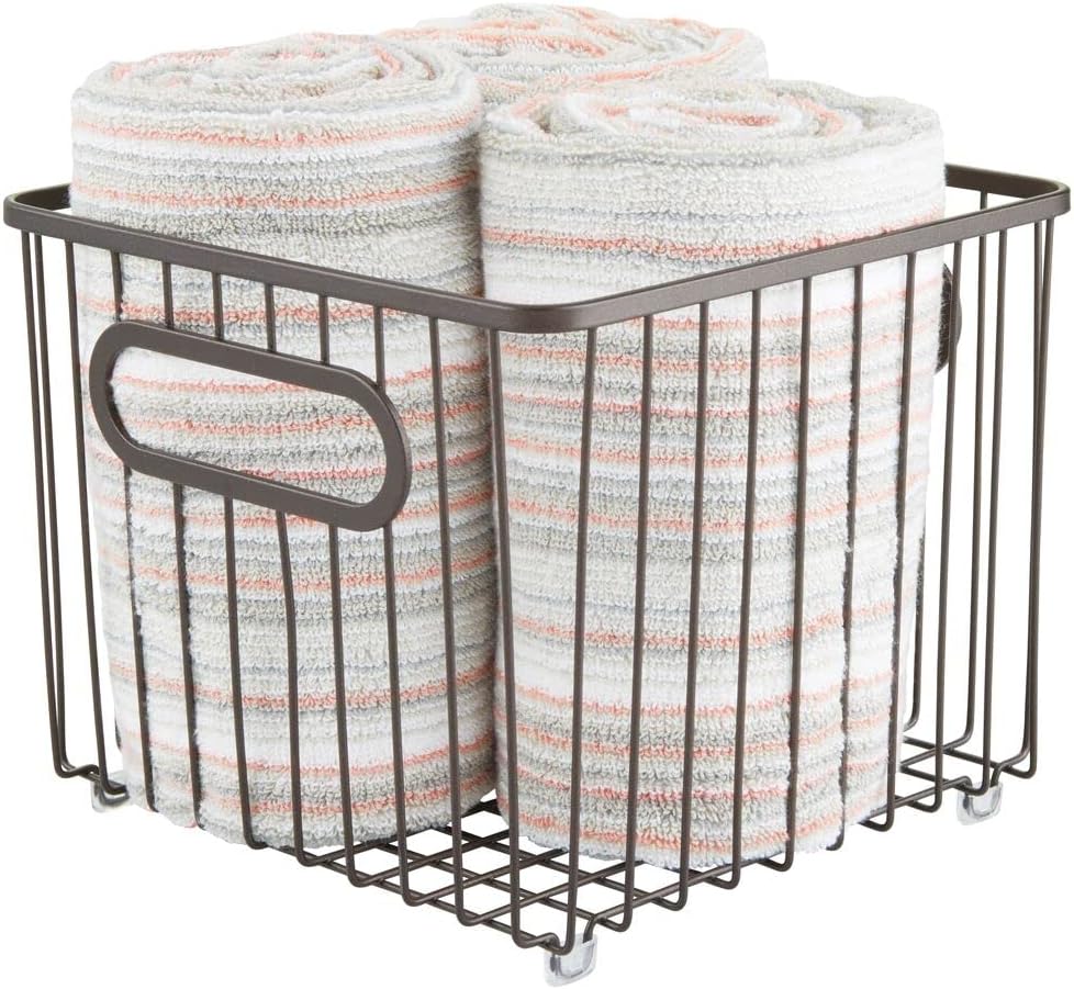 mDesign Metal Bathroom Storage Organizer Basket Bin - Farmhouse Wire Grid Design - for Cabinets, Shelves, Closets, Vanity Countertops, Bedrooms, Under Sinks - Square - Bronze