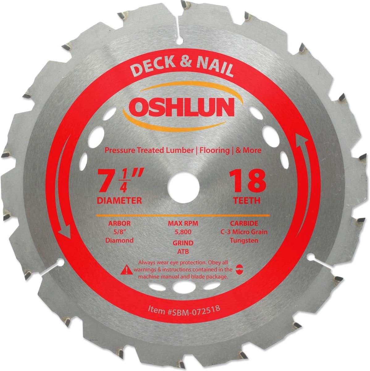 Oshlun SBM-072518 7-1/4-Inch 18 Tooth ATB Deck and Nail Saw Blade with 5/8-Inch Arbor (Diamond Knockout)